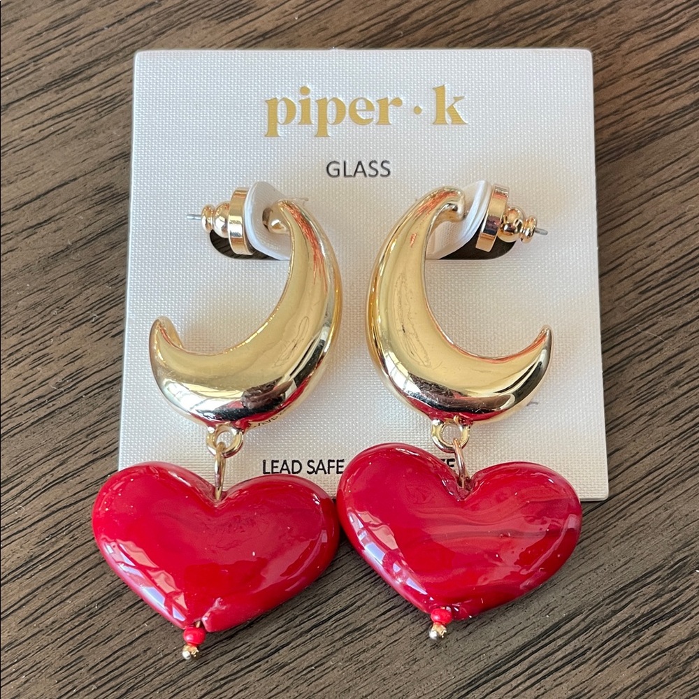 Piper K Glass Heart Half Hoop Earrings NWT